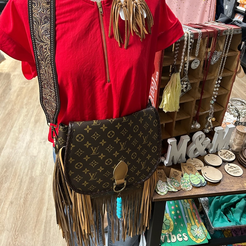 Monogram Fringe Crossbody Bag with Embroidered Strap - Brown/Tan